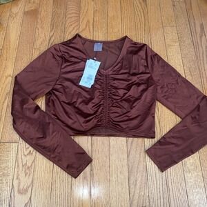 CALIA Women's Long Sleeve Ruched Swim Rashguard Red Brown Shine Size Medium